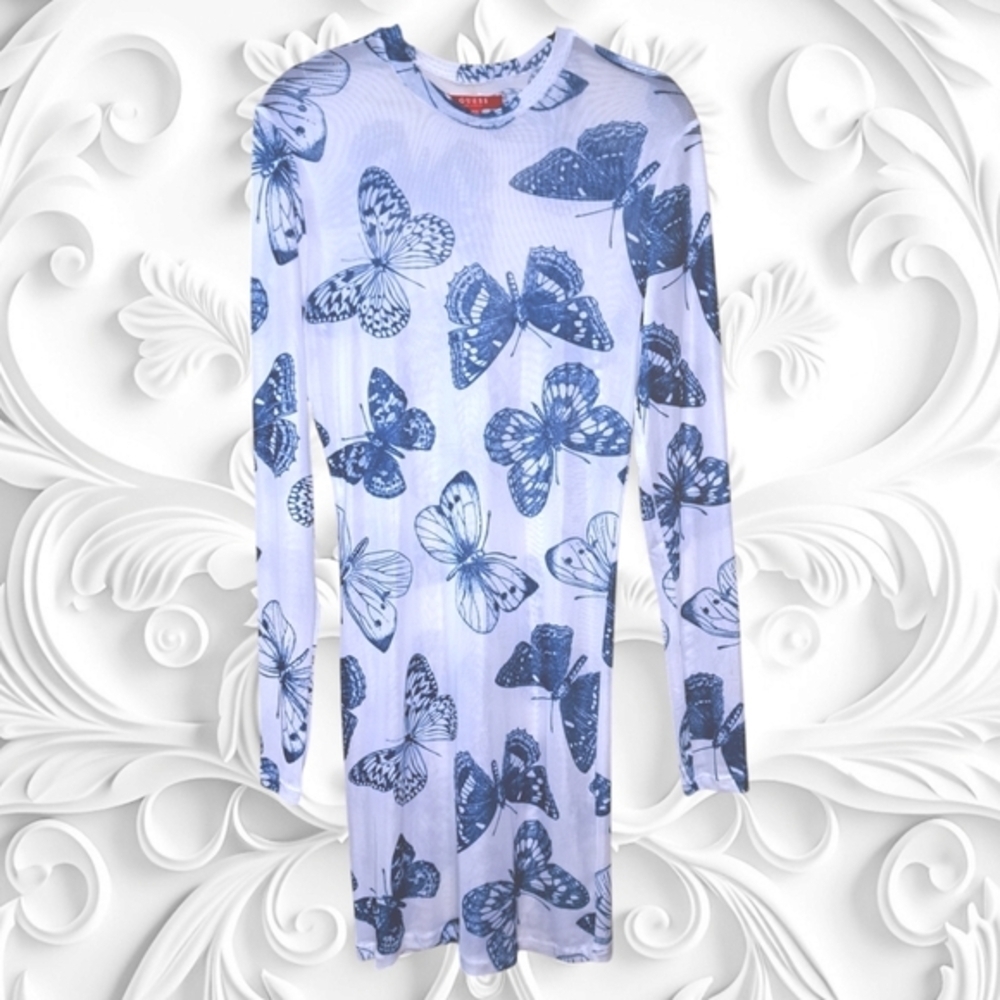 Guess Sheer White Long Sleeve Dress With Blue Butterflies Size Large